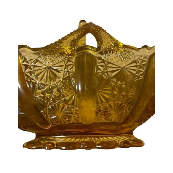Vintage Fenton Honey Amber Daisy Button Glass Basket with Split Twig Handle MCM - Picture 2 of 8